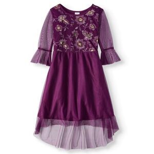Purple lace floral mesh embroidered formal girls dress long sleeve XL 14-16